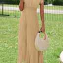 KIRUNDO Women's Summer Maxi Dresses Elegant V Neck Ruffle Flutter Sleeves Empire Waist Pleated Flowy Wedding Guest Dress (Beige, S)