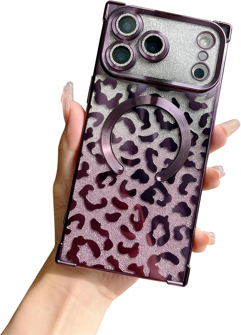 Magnetic Case Compatible for iPhone 17 Pro Max Magsafe Case, Full Camera Protection & Reinforced Corners, Electroplate Leopard Clear Slim Shockproof TPU Phone Cover for Women Girls, Purple