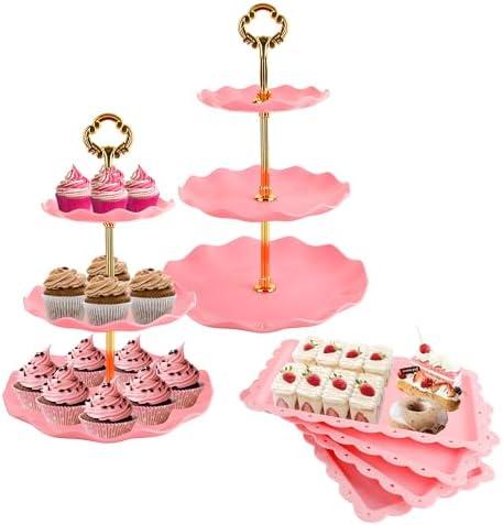 6 Pcs Cupcake Stand Set - Pink Plastic Dessert Table Display Set, 2x Pink Round 3 Tier Cupcake Display Stands Cookie Tray Rack Serving Tower & 4x 14 in Plastic Trays for Wedding Baby Shower Tea Party