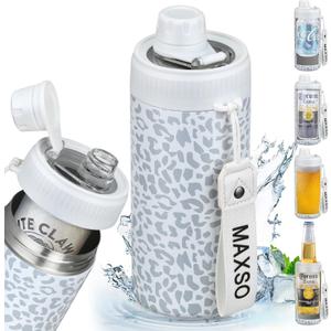 MAXSO Sealed Can Cooler Fizz Lid Can Cover for 12 oz Regular, Slim Skinny Cans & As Thermal Bottle, 4-in-1 Insulated Vacuum Stainless Steel Carbonated Cold Drink Holder - Leopard