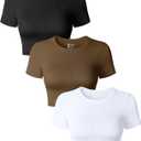 OQQ Women's 3 Piece Crop Tops Crew Neck Shorts Sleeve Stretch Fitted Shirts Crop Tops (Black, Coffee, White), S