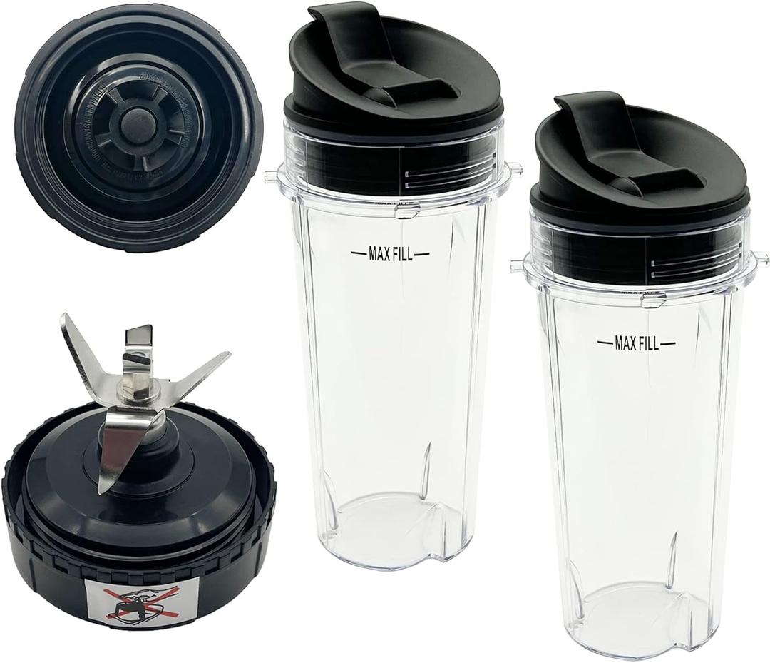 Blender 5-Fins Blade & 2 16oz Single Serve Cups with Lids Replacement Parts for Ninja, Base Extractor Blade for Nutri Ninja Blender 700 Watts QB3000, QB3000SS, QB3000SSW, QB3001SS 30, QB3004, QB3005