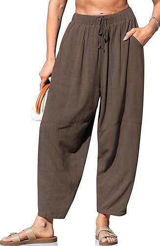 TARSE Women's Linen Harem Pants Casual Loose Fit Wide Leg Cropped Lightweight Drawstring Elastic Waist Pants with Pockets.M