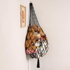 Stuffed Animal Hammock Corner Hanging Net for Stuffy Animal Storage Macrame Toy Display Plushie Toy Holder-Perfect for The Tiny Space Walls, Kid Bedroom Decor Playroom Organizer (Black)