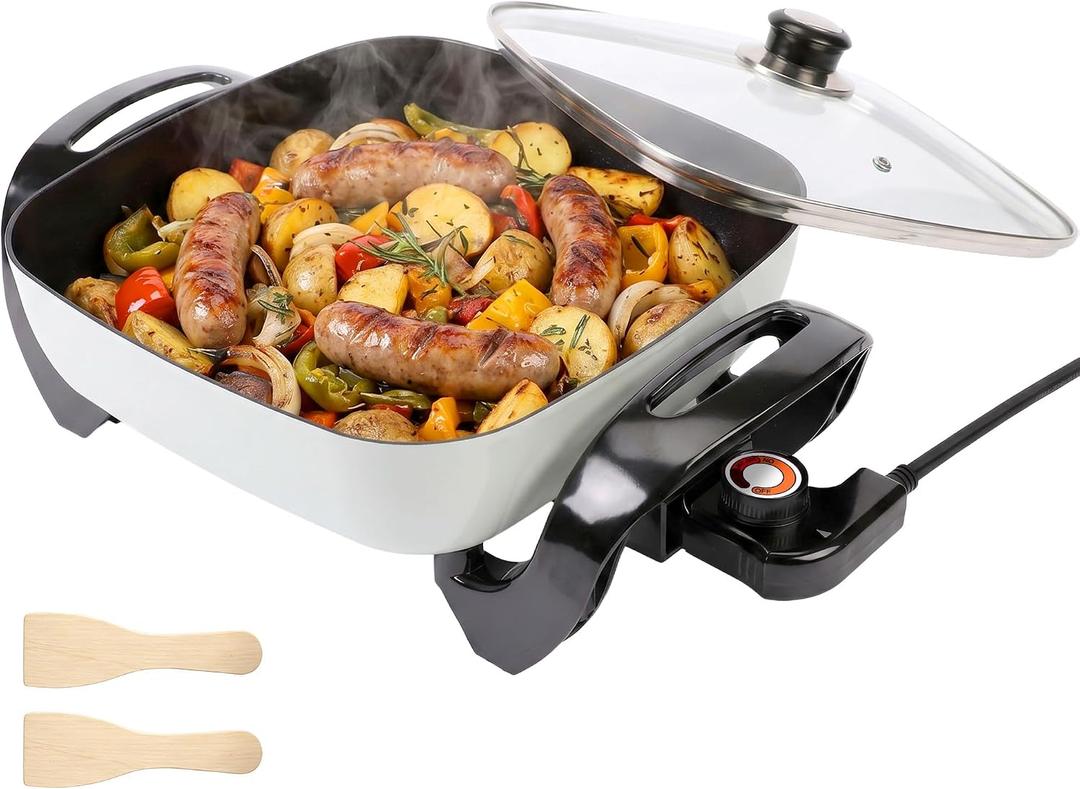 12" Ceramic Nonstick Electric Skillet with Tempered Vented Glass Lid, Scratch-Resistant Surface, Cool-Touch Handles, Removable Easy-to-Clean Design, 1200W, Vibrant Green