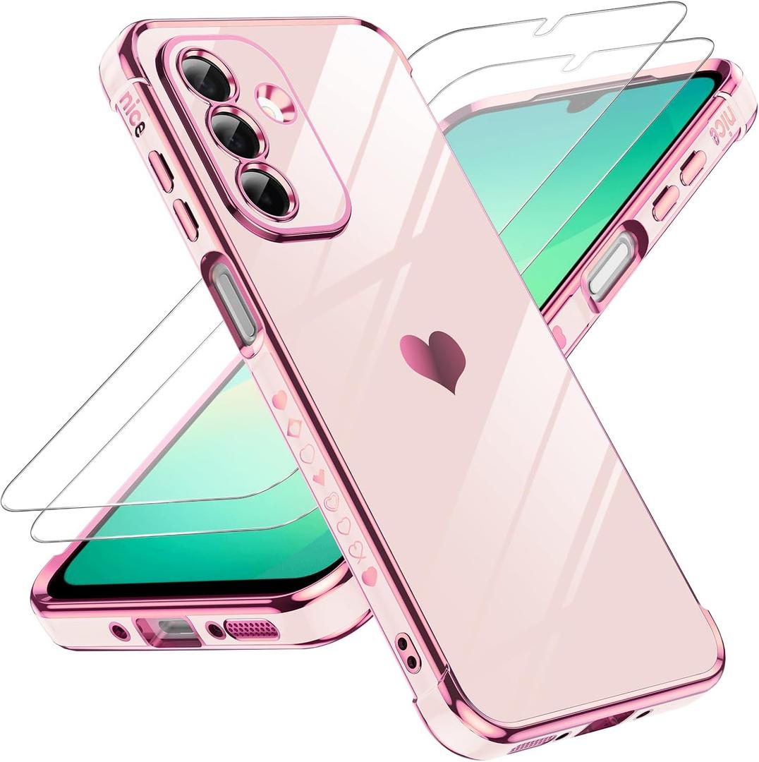 LeYi for Samsung Galaxy A26-5G Phone Case: with Tempered Glass Screen Protector [2 Pcs]+ Full Camera Lens Protection, Love Heart Plating Women Luxury Soft TPU Shockproof A 26 Case, Pink