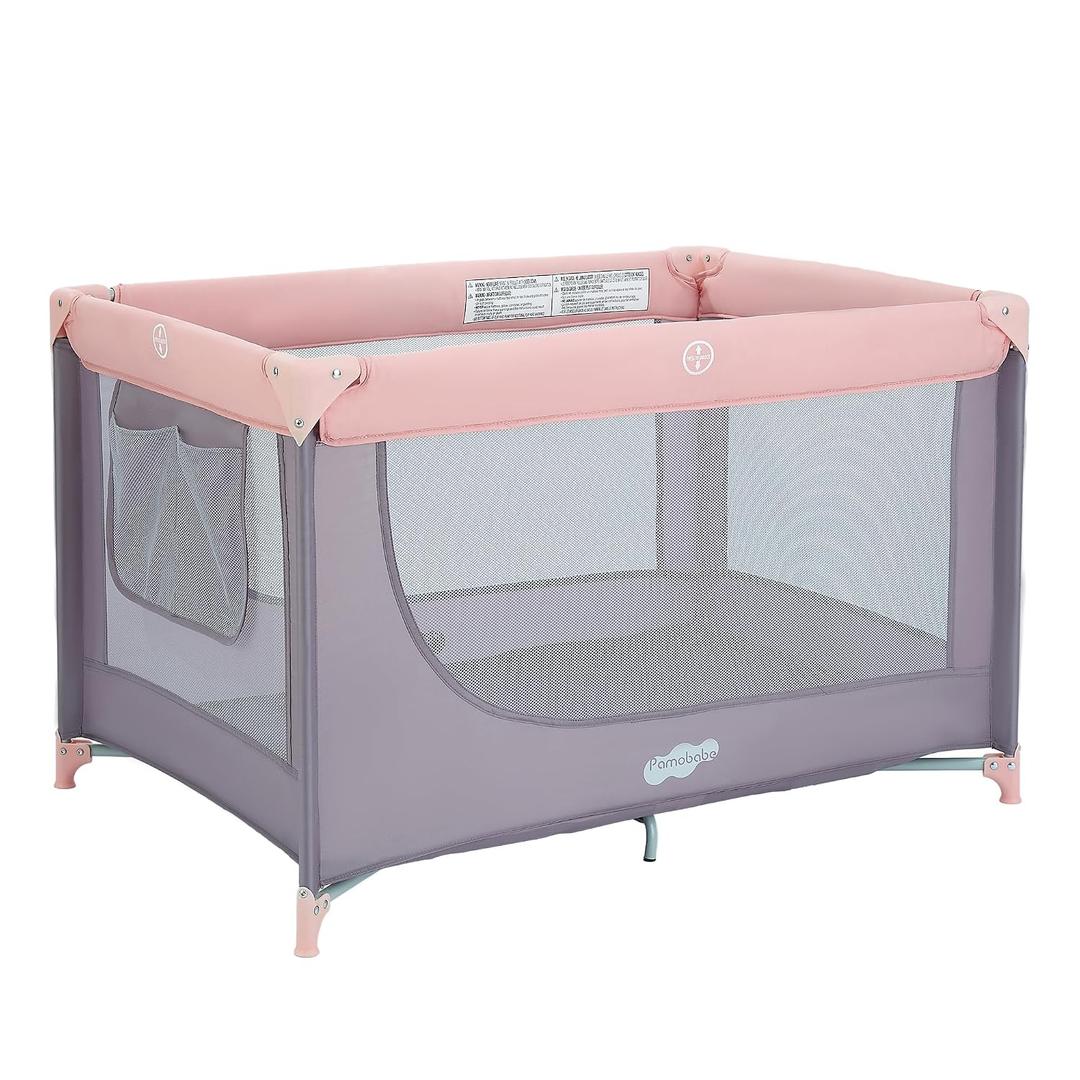 Pamo Babe Compact Pack and Play - Portable Crib for Baby, Lightweight Foldable Travel Playard with Mattress Pad & Carry Bag, Safe Breathable Travel Bed for Home, Trips & Family Visits, Pink