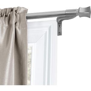 Curtain Rods for Windows 18 to 48 Inches, Adjustable Single Decorative Cafe Rod, Easy to Install Window Curtain Rod with Perfect Leveling and No Measuring, with Square Finials, Brushed Nickel