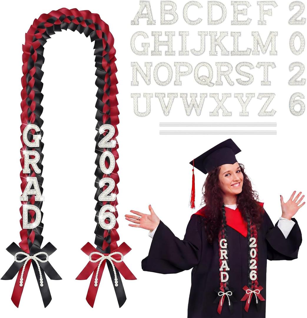 DIY Class of 2026 Graduation Leis with 30 Pearl Patches Letters and Numbers Graduation Money Leis Double Braided Ribbon Necklace for High School College 2026 Grad Party Decor (Black Red)