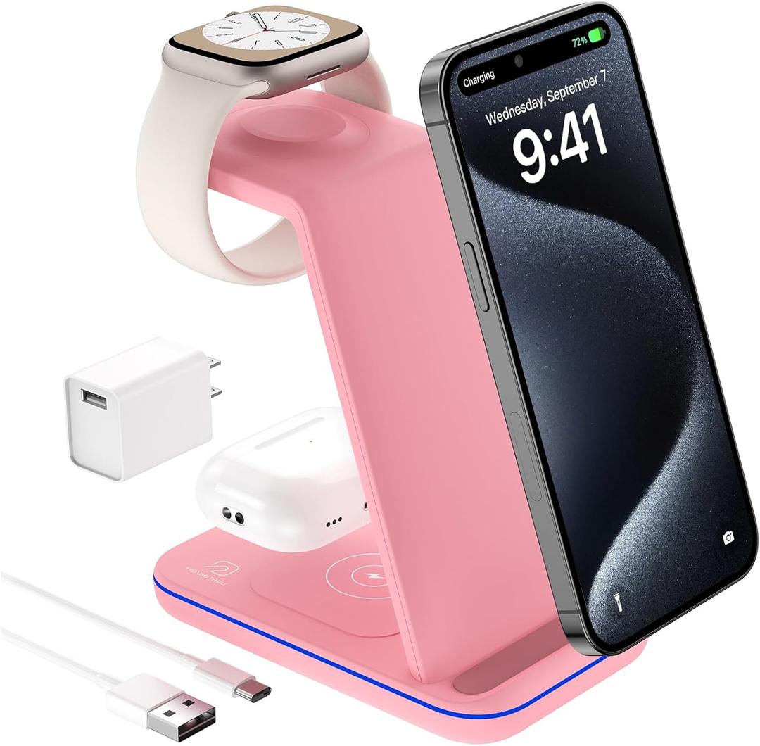 Multi Charger for Apple, 3 in 1 Wireless Charging Station/Stand ONLY Compatible with Apple Watch 9/8/7/6/5/4/3/2/Ultra/SE, Portable Wireless Charger for Airpods2/3/Pro (Pink)