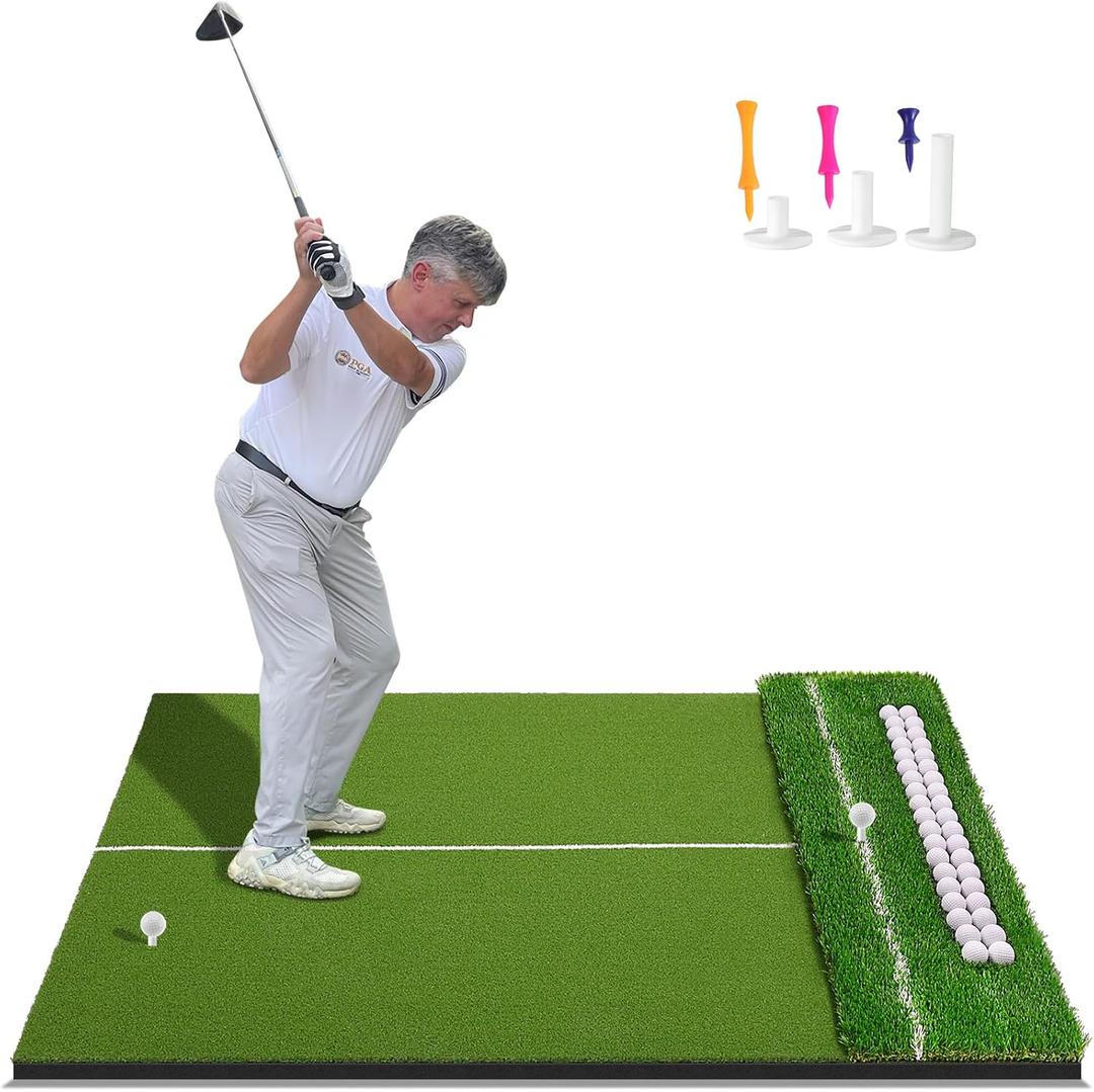 Dual-Turf 5x4ft Golf Hitting Mat, Built-in Ball Tray, Alignment Aid, Golf Mat Practice Outdoor & Indoor, Driving Chipping Putting in Backyard Garage Basement, Gift for Men Dad Golfer, 5'X4' 45mm PRO Turf