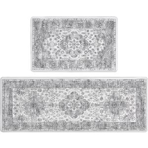 Pauwer Anti Fatigue Kitchen Mat Set of 2 Non Slip Kitchen Mats for Floor Cushioned Kitchen Rugs Comfort Standing Mat Farmhouse Waterproof PVC Foam Kitchen Floor Mat Runner (17"x28"+17"x48"--0.4", Vintage Grey)