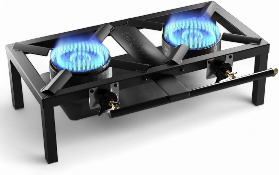 GasOne High-Pressure Double Propane Burner  Low-Profile Outdoor Stove with Heat Guard & Adjustable Knobs  Dual Flame Control & PSI Regulator for Camping, Tailgating, Seafood Boil, Home Brewing