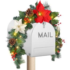 DR.DUDU Pre-lit Christmas Mailbox Swag Garland with Poinsettias Flowers, Battery Powered Lighted Christmas Artificial Garland with Pine Cone & Red Berries Holiday Decorations Indoor Outdoor