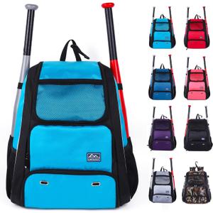 Baseball Bat Bag Backpack,T-Ball & Softball Bat Bag with Shoes Compartment for Youth and Adult, Lightweight Baseball Bag with Fence Hook Hold Bat, Batting Mitten, Helmet, Caps, Teeball Gear (Blue)