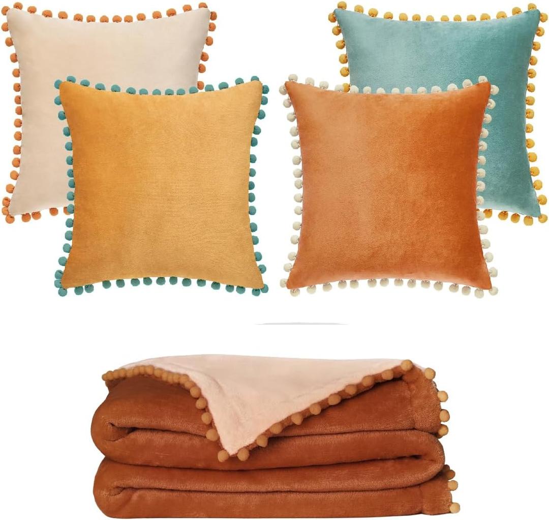 MONDAY MOOSE 18x18 inch Pom Pom Decorative Throw Pillow Covers and 50x60 inch Fleece Throw Blanket, Mix and Match for Home Decor (Orange/Teal, Burnt Orange/Light Orange)