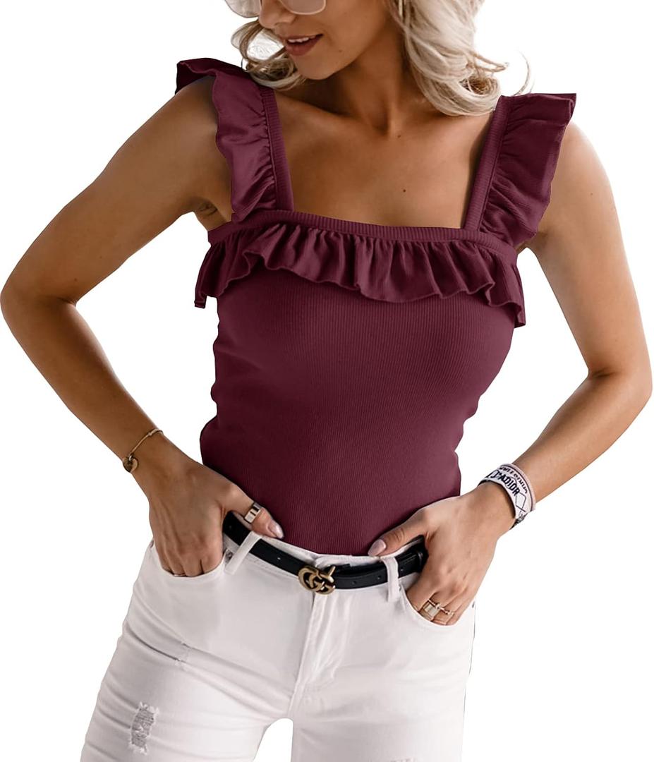 Womens Cute Sleeveless Tank Tops Ruffle Strap Square Neck Blouse Solid Color Knitted Camisole (Medium, Burgundy)