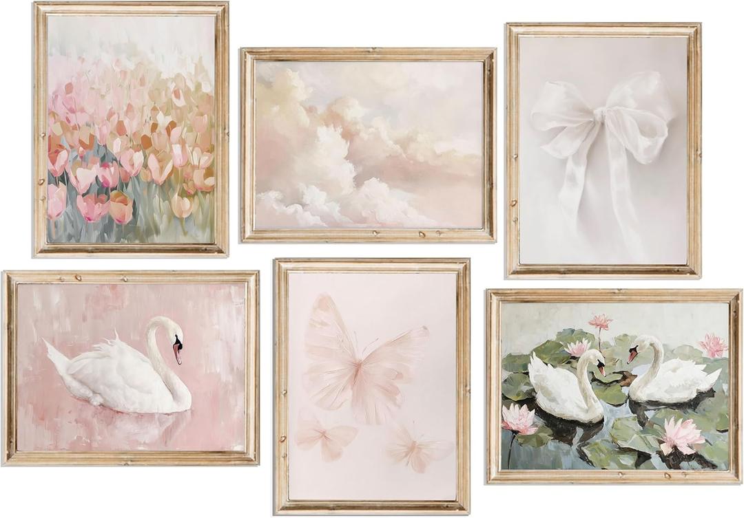 6Pcs Coquette Wall Art Pastel Pink Trendy Canvas Bow Posters White Swan Preppy Painting Butterfly Pictures Aesthetic Floral Prints Nursery Wall Decor for Teen Girls Bedroom College Dorm Unframed, 8x10 In