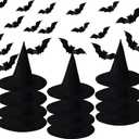 Orgrimmar 12 PCS Halloween Witch Hats with Hanging Pope, 32 3D PCS Bat Stickers for Halloween Party Decorations, Outdoor and Indoor Hanging Decorations