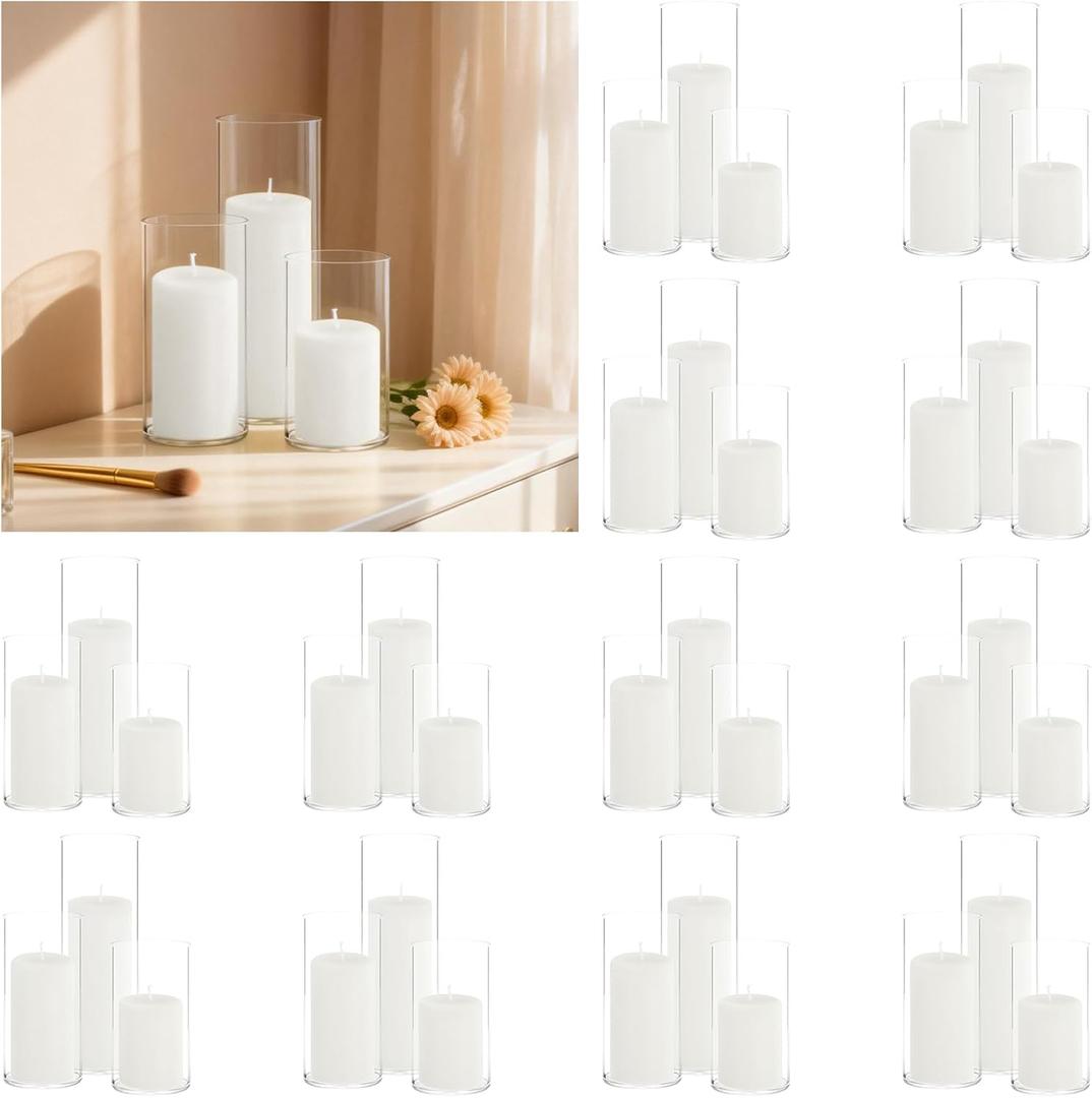 72 PCS White Pillar Candles (2''X3,4,6) and Glass Cylinder Vases(2.6''X5,6,8),Hurricane Candles,Perfectly Sized for use as a Centerpiece Candle Decoration on Wedding Tables!