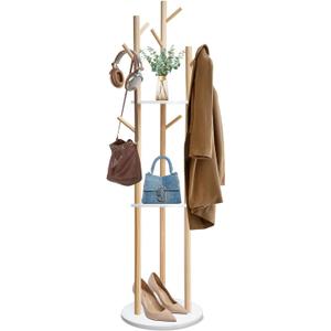 LIWSHWZ Solid Wood Coat Rack Freestanding,Coat Hanger Stand with 3 Shelves and 9 Hooks,Hall Tree for Bedroom, Entryway, Livingroom, Coat Hanger Stand for Coats, Scarves, Handbags