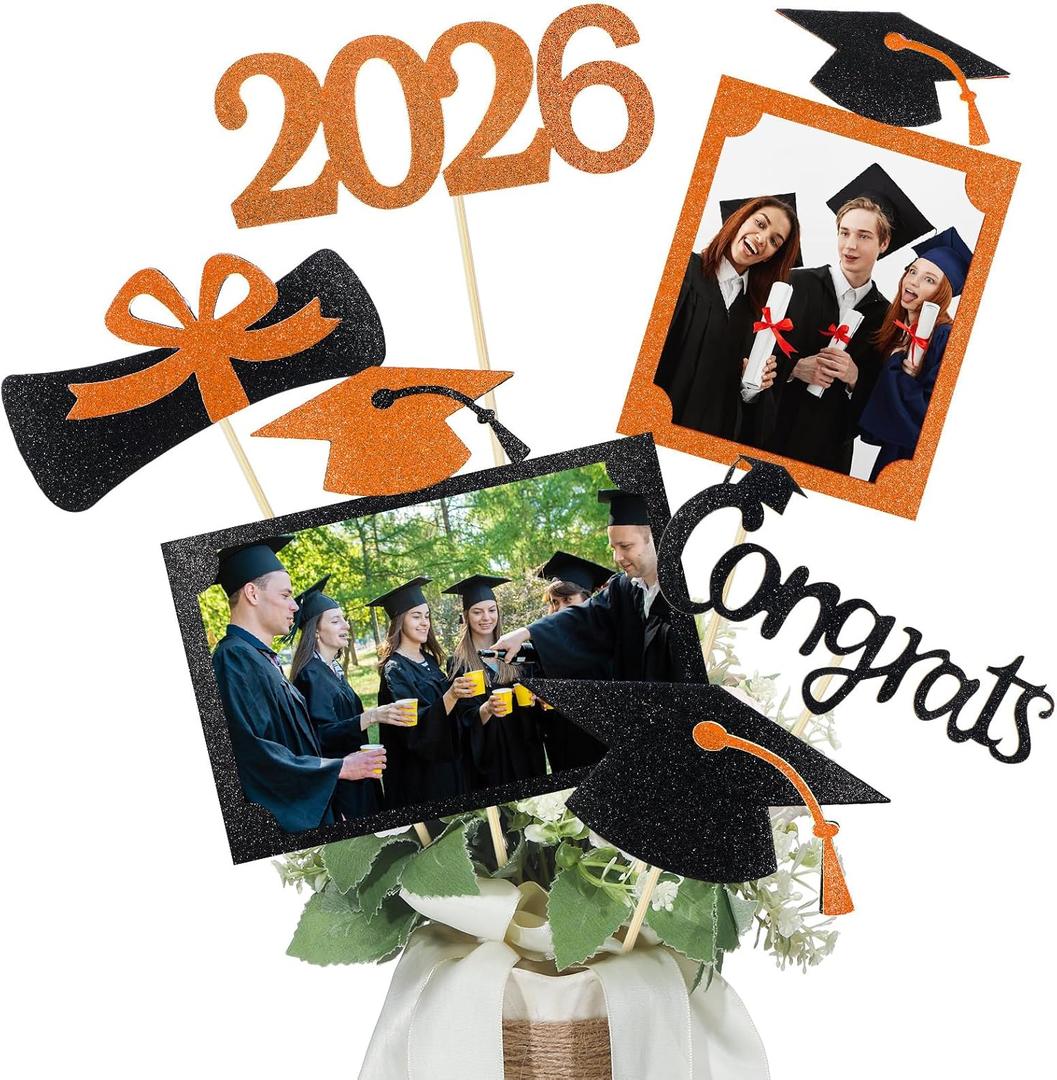 Qinyoung 2026 Graduation Decorations 30 Pcs Glittering Graduation Centerpiece for Tables Sticks Class of 2026 Grad Photo Centerpiece Party Decoration for Table Toppers(Orange)