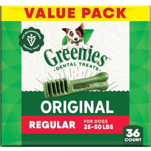 Greenies Veterinarian-Recommended Adult Natural Dental Dog Treats Regular Size, Original Flavor, 36 oz. Pack, 36 Count (EXP 03/08/26)