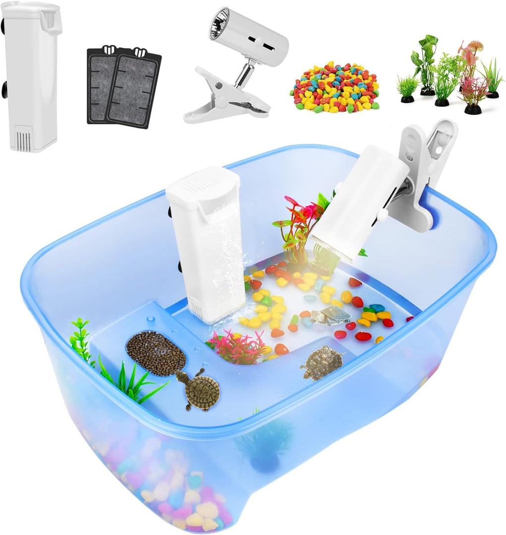 Rypet Baby Turtle Aquarium Tank Starter/ Accessories Kit - Reptile Terrariums Tortoise Habitat with UV Basking Light Lamp, Water Filter, Rocks, Small Plants for Frog Hermit Crab (Blue+pump Light)