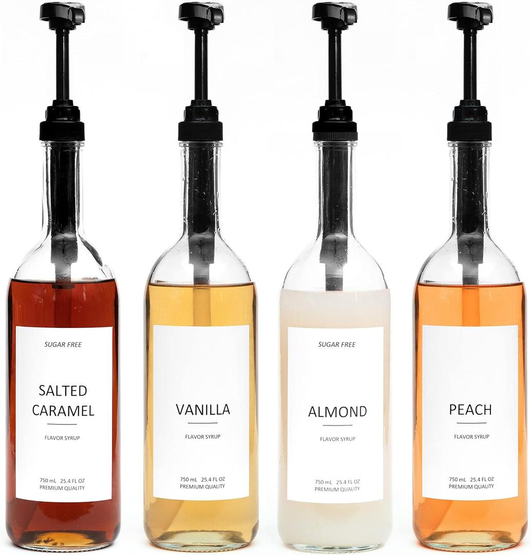 Demi's Home 25.4 oz 750 ml Glass Coffee Syrup Dispenser for Coffee Bar - 4 Pack - Comprehensive Label Set &  oz Pumps Included