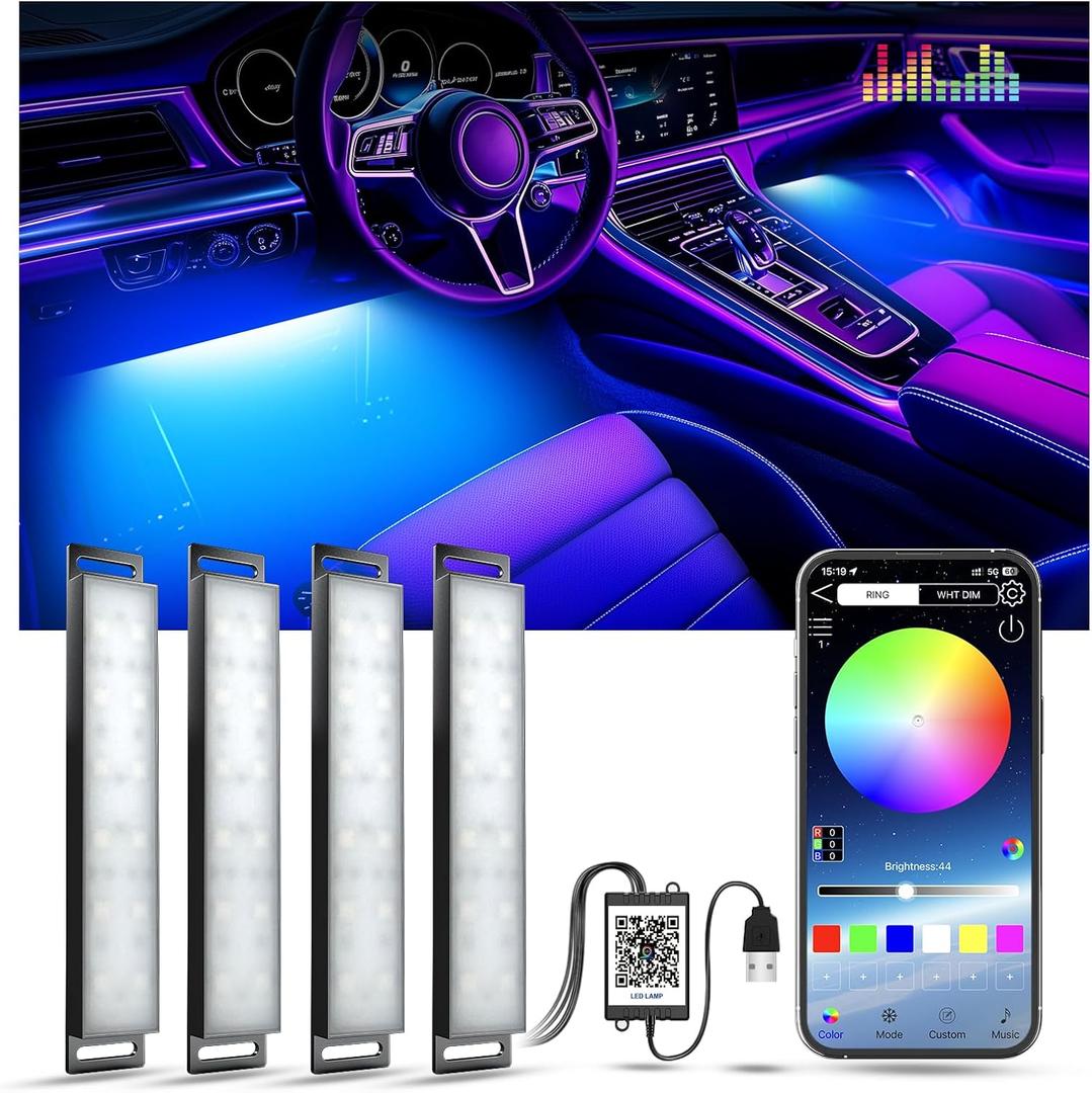 Yilaie Car Lights Interior, Multcolor RGB Interior Lights with APP Control and Music Sync, USB Under Dash Lighting Kit with Charger Dc 5v, Car Accessories for Women