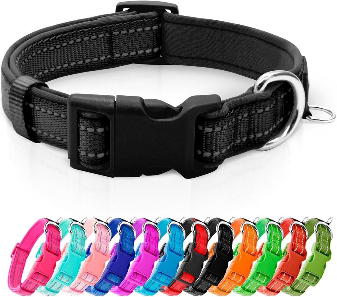 azuza Reflective Dog Collar,Soft Neoprene Padded Pet Collar with ID Tag Ring,Adjustable for Medium Dogs,Black,M (Medium (Pack of 1))