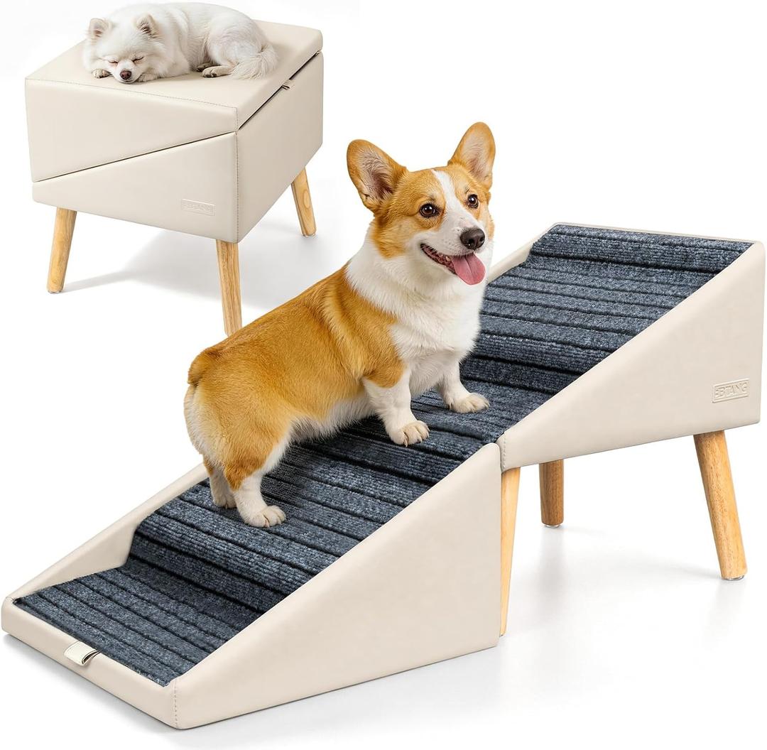 17" H Dog Stairs for Small Dogs 4-Step Non-Slip Dog Ramp for Couch | Foldable 2-in-1 Pet Stairs & Ottoman, Upgraded Pet Steps for Puppies, Senior Dogs & Injured Pets, Solid Wood Frame (Beige)