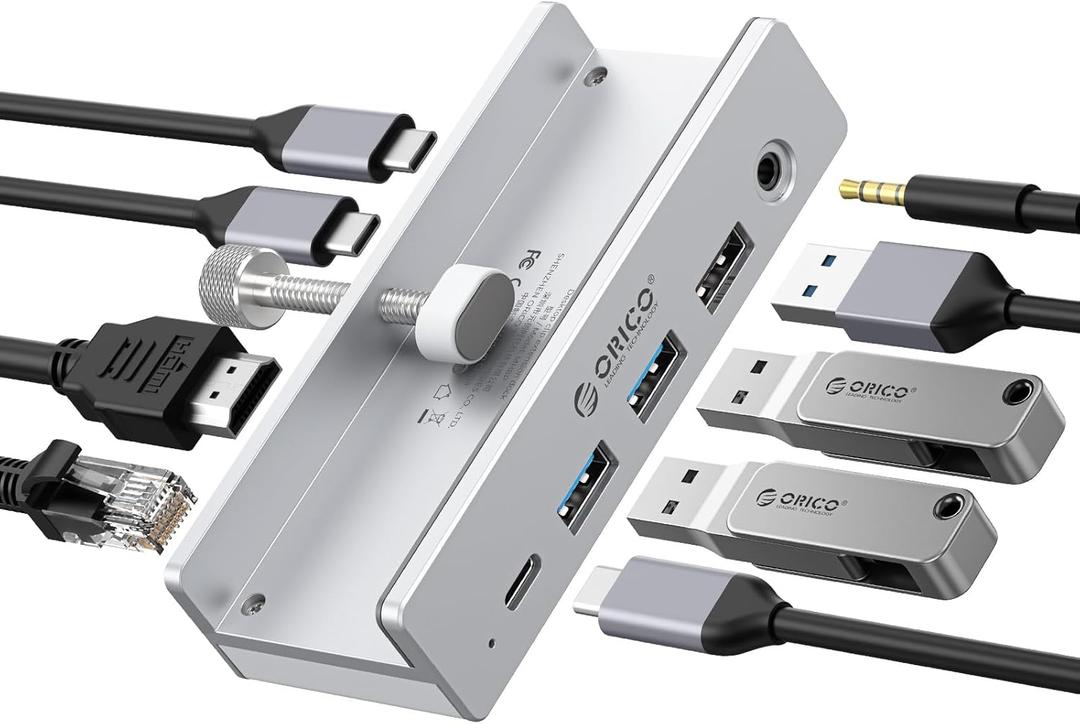 ORICO Clip Docking Station, 8-in-1 Clamp USB C Hub with 4K@60Hz HDMI, 100W PD, Gigabit Ethernet, 4xUSB Port, AUX, 10Gbps Clamp Docking Station for Laptop, MacBook, PC (Adapter Not Included) (Silver)
