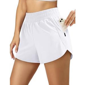 Holure Women's High Waisted Running Shorts with Liner Quick-Dry Shorts Lightweight Athletic Gym Workout Shorts Zip Pockets (Small, White)