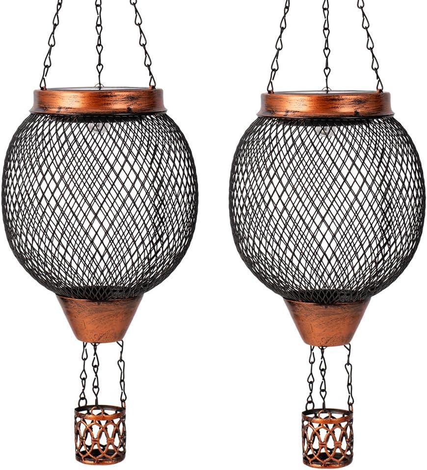 Starsoul 2 PC Cage Hot Air Balloon Solar Lantern with Flame Glass Outdoor Hanging Hot Air Balloon Solar Light Lamp Waterproof Garden Patio Yard Party Decorations