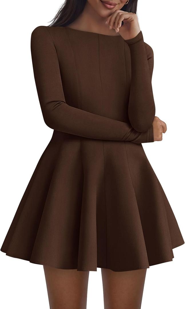 PRETTYGARDEN Fall Cocktail Dresses for Women Elegant Classy Wedding Guest 2026 Long Sleeve Homecoming Party A Line Mini Dress (Brown, S)