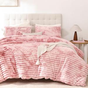 Smoofy Fluffy King Size Comforter Set 3 Pieces - Tie-dye Pink Fleece Fluffy Comforter Set, Luxury Fuzzy King Bedding Set, Soft King Bed Set All Season, Heavy Faux Fur Comforter with 2 Pillow Cases