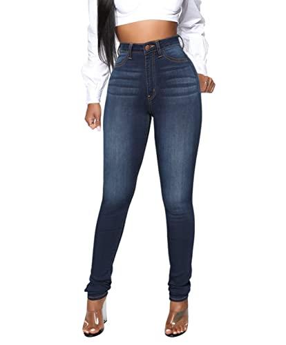 KUNMI Women's Classic High Waisted Skinny Stretch Butt Lifting Jeans Slim Fit Denim Pants Blue Black, Size XL