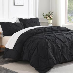 Andency Black King Size Comforter Set, 3 Pieces Boho Lightweight Pinch Pleat Comforter, Pintuck Solid Bedding Set & Collections, All Season Fluffy Microfiber Bed Set(104x90In Comforter)