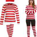 Red and White Striped Shirt Costume Set for Adults with Hat, Socks and Round Glasses, Women's Halloween Party Outfit (X-Large)