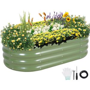 Galvanized Raised Garden Bed Outdoor- Raised Beds for Gardening| Metal Planter Box, Steel Raised Garden Bed Kit with Safety Edging and Gloves for Vegetables, Flower, Herbs (4x2x1FT, Green)