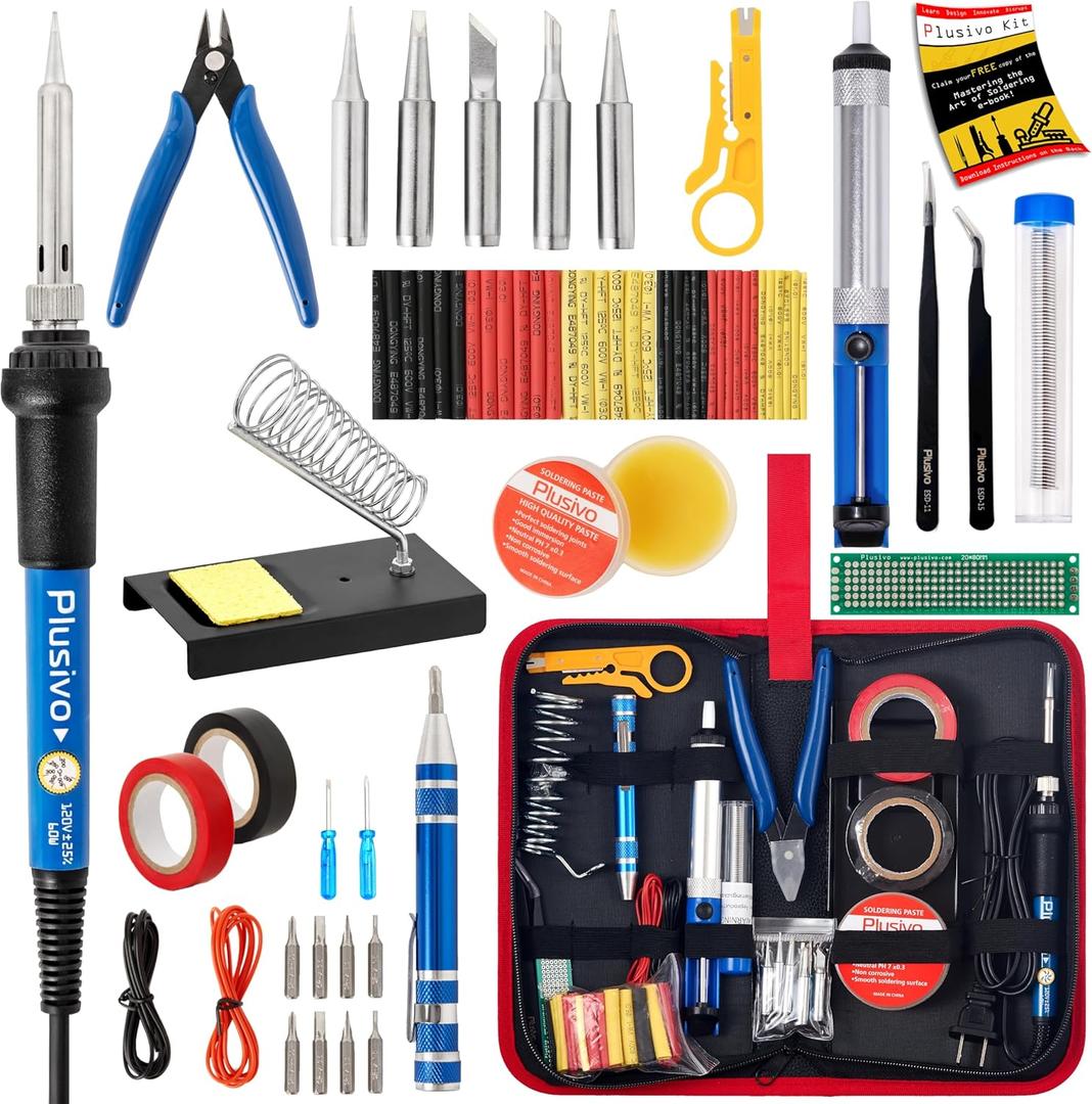 Soldering Iron Kit, 60W Soldering Iron Adjustable Temperature 25-in-1, 5 Solder Tips, Solder Wire, Desoldering Pump, Wire Cutter, Heatshrink Tubes Welding Kit for Electronics Repair Hobby 110V US Plug