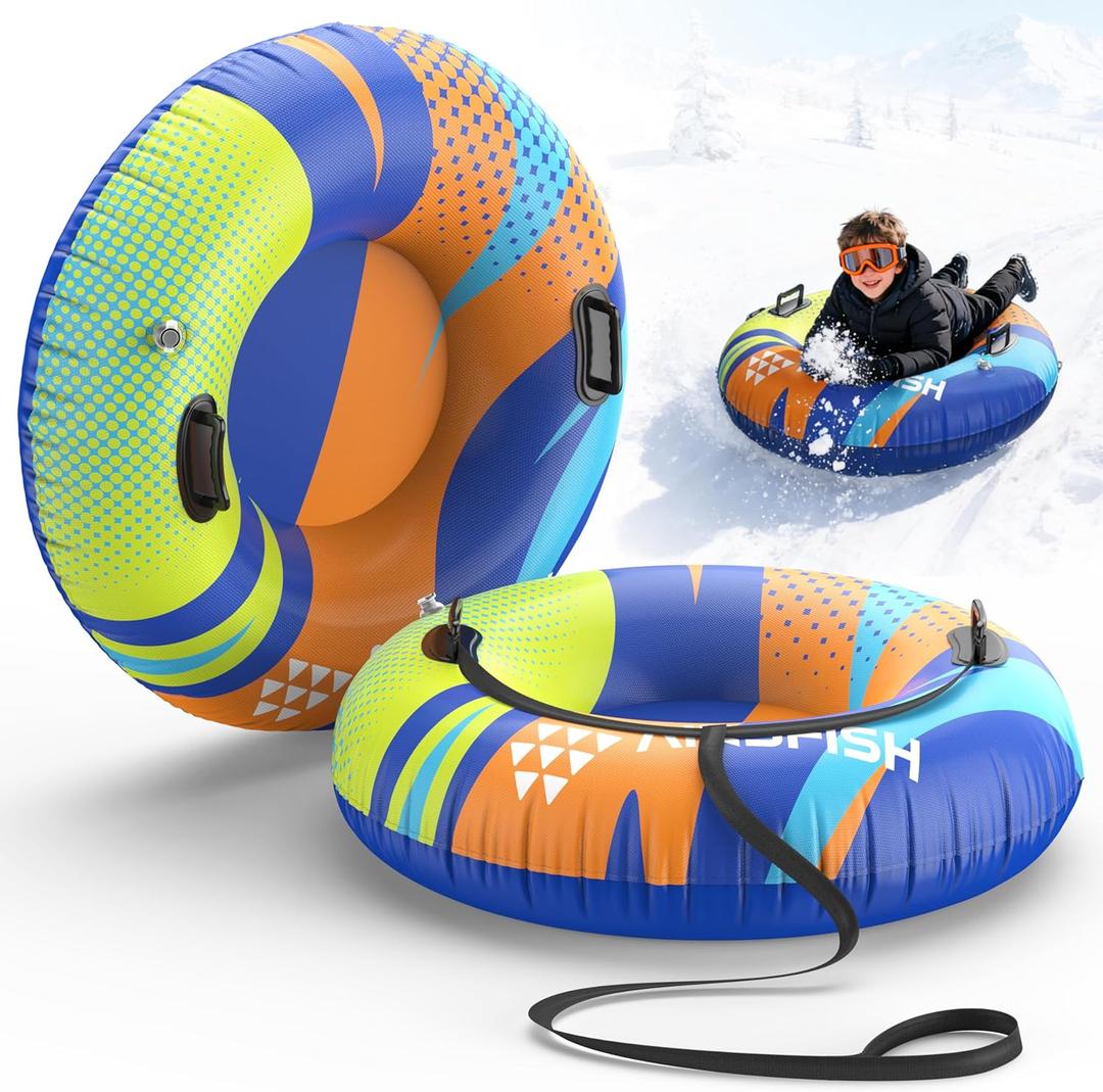 Snow Tube with Towable Leash, AirsFish Inflatable Snow Sled Heavy Duty Cover Wear-Resistant & Antifreeze Material Sledding Tubes for Winter Sports