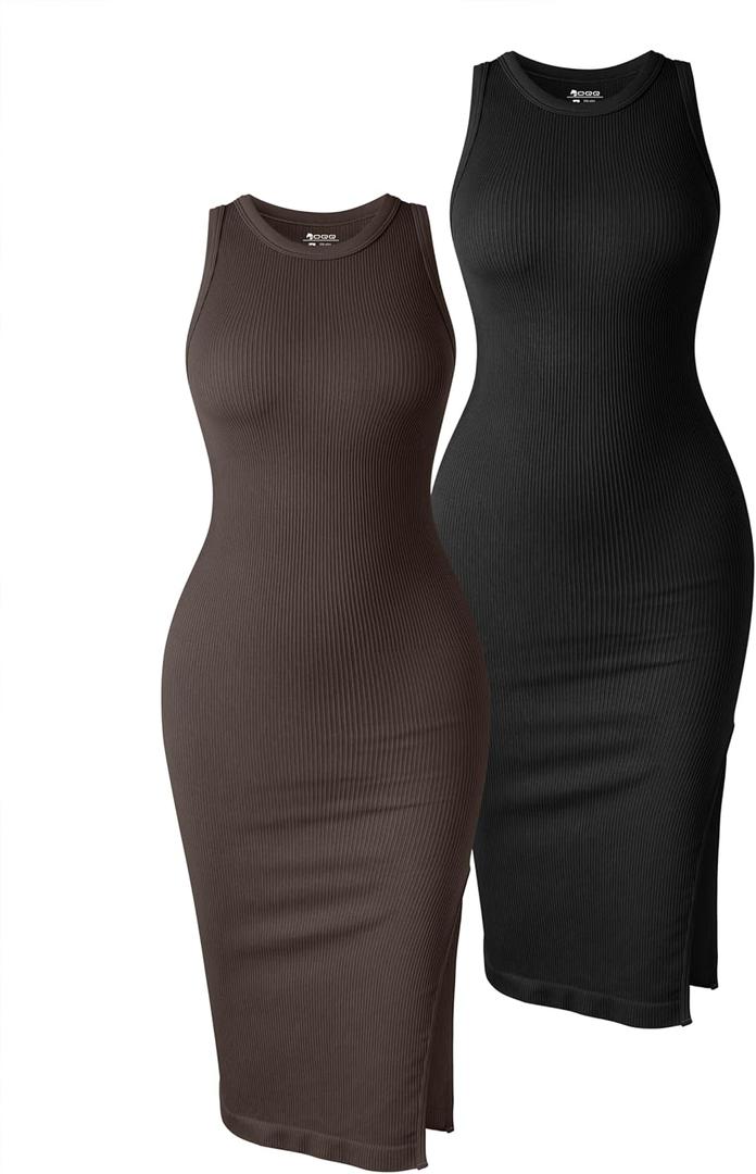 OQQ Women's 2 Piece Dress Sexy Ribbed Halter Neck Fashion Split Tank Tops Dresses Black Darkbrown