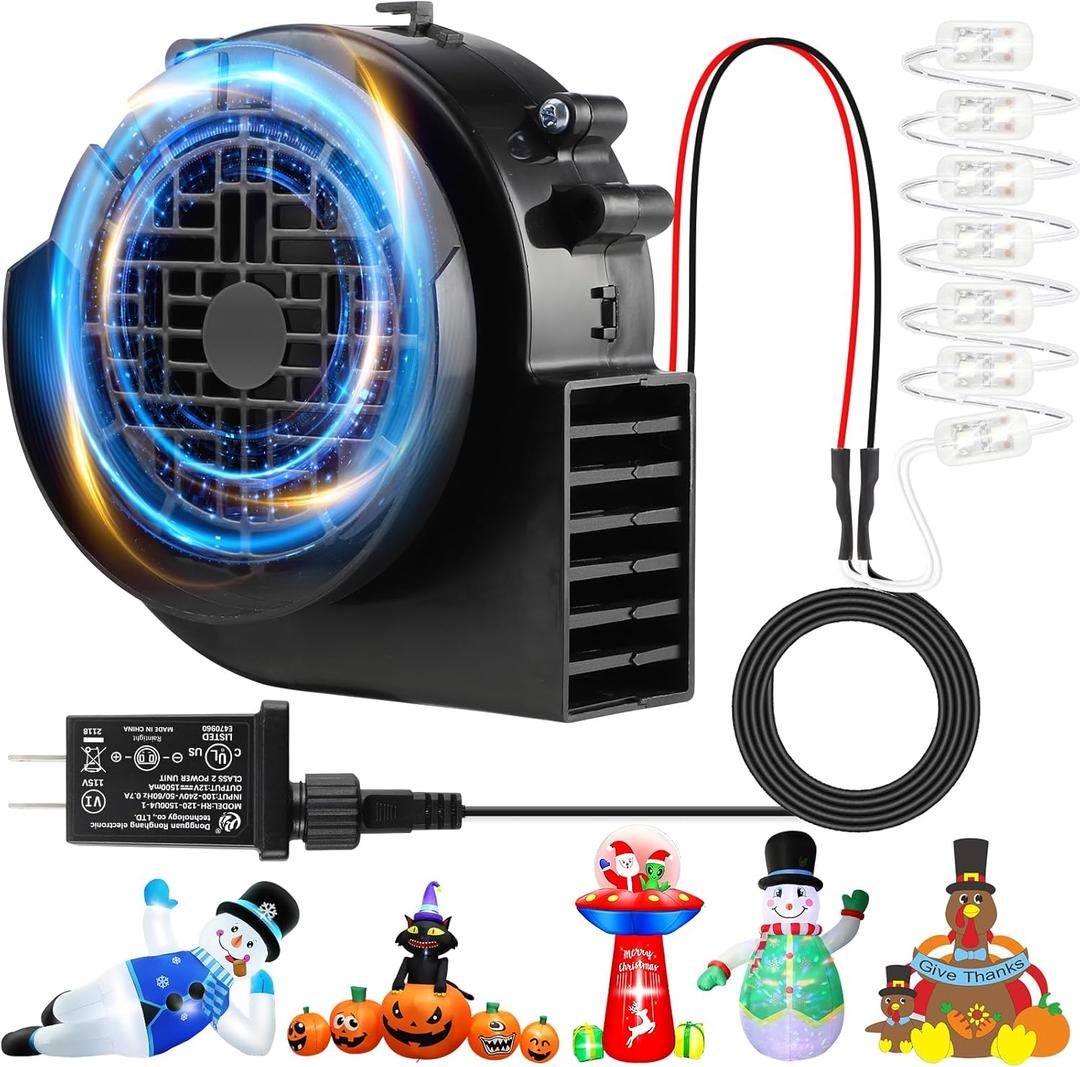 Replacement Blower Fan for Inflatables, 12V 1.2A Air Blower with 7 LED Light Strings and 1.5A Adapter for Christmas Halloween Thanksgiving Yard Inflatables Decorations Outdoor