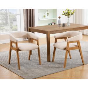 Modern Barrel Dining Chairs with Arms Set of 2, Upholstered Fabric Kitchen & Dining Room Chairs with Open Back/Solid Wood Legs, Comfortable Side Chairs, Linen Beige
