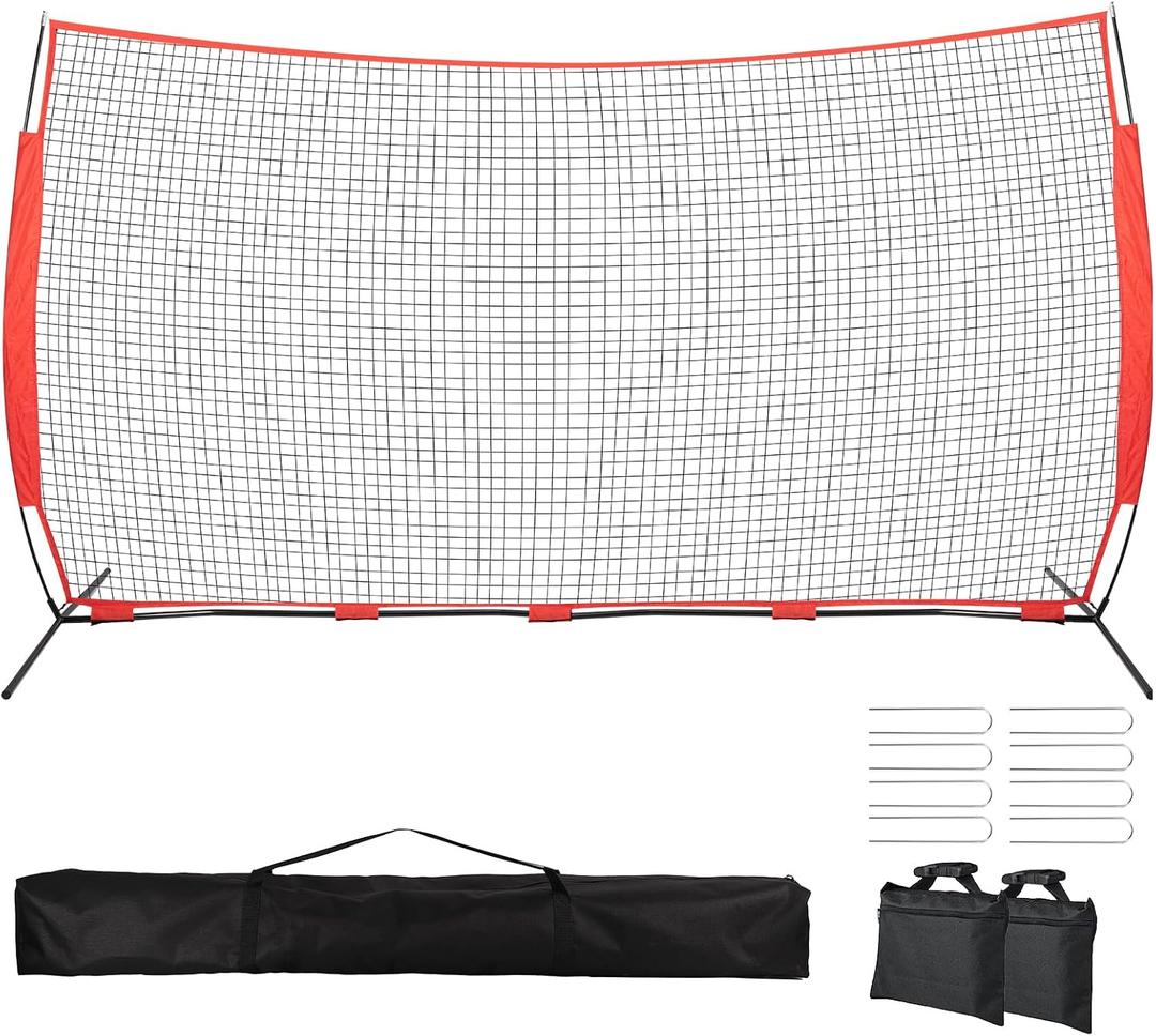 20x10ft Ball Backstop Net, Sports Net Barrier with Handbag, Fix Ball Stop Net by 4 Spike&2 Sandbag, Lacrosse Net Backstop for Softball, Basketball, Hockey Train, Baseball Net Barrier for Backyard, Playground