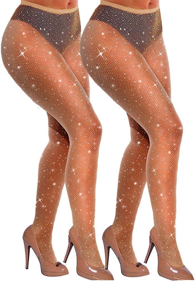 VEBZIN Sexy Sparkly Fishnets Stockings Jeweled High Waist Fishnet Tights for Women Rhinestone Party Pantyhose (One Size, 2 Pack Nude)