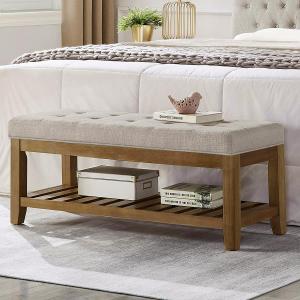 24KF Large Rectangular Upholstered Tufted Linen Fabric Ottoman Bench, Padded Bench with Solid Wood Shelf-Linen (16"D x 44"W x 18"H)