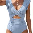 B2prity One Piece Swimsuits for Women Ruffle Sleeve V Neck Bathing Suit Tummy Control Cutout Monokini Slimming Swimwear, Medium